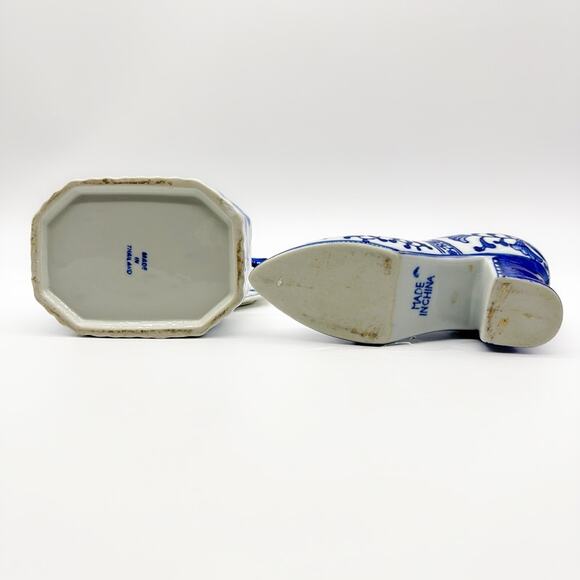 Chinese Canton Chinoiserie Blue White Trinket Box w/ Lid Plus Ceramic Shoe - Picture 9 of 13